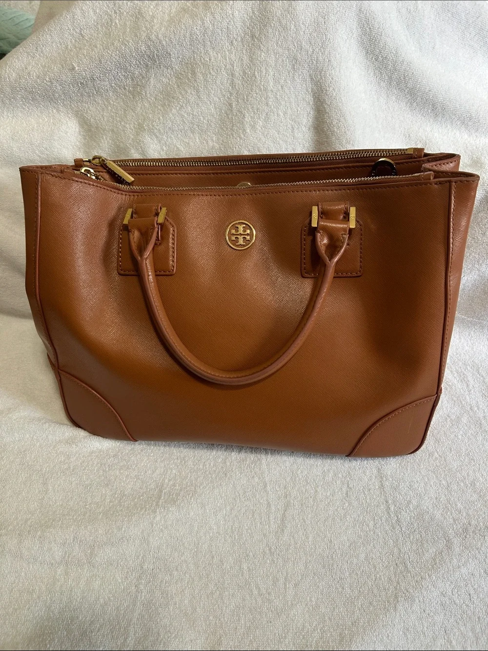Tory Burch Chestnut Brown Leather Tote with Logo